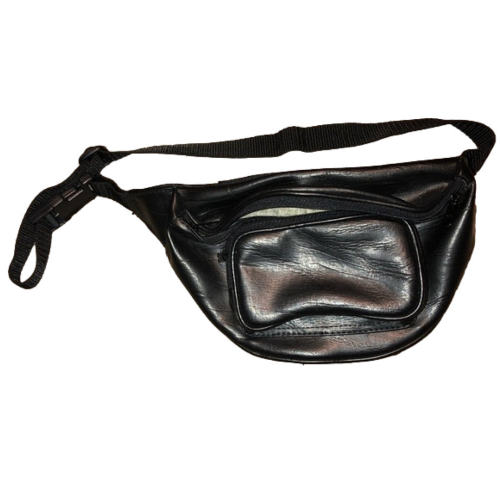 VINTAGE Shiny Faux Leather Shiny Fanny Pack Waist Bag Black Adjustable Strap